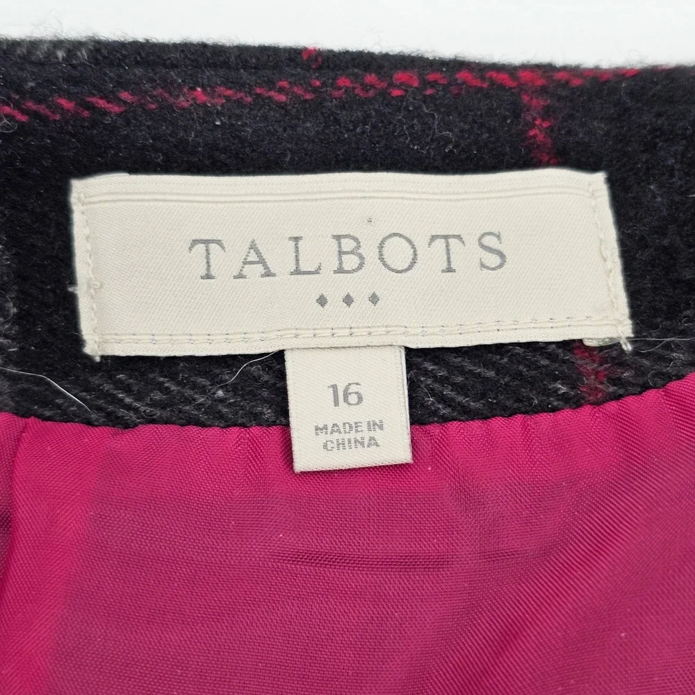 Talbots Pencil Skirt Womens 16 Black Pink Plaid Wool Blend Lined Back Vent